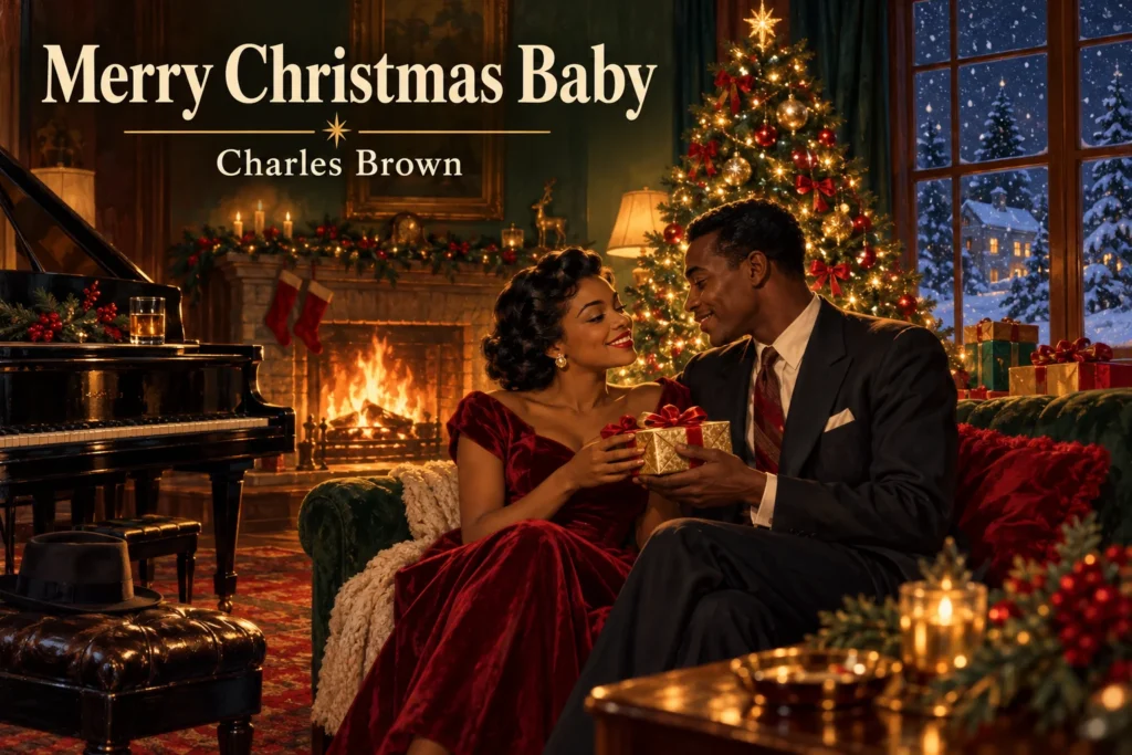 Merry Christmas Baby – elegant couple exchanges a gift beside a glowing Christmas tree.