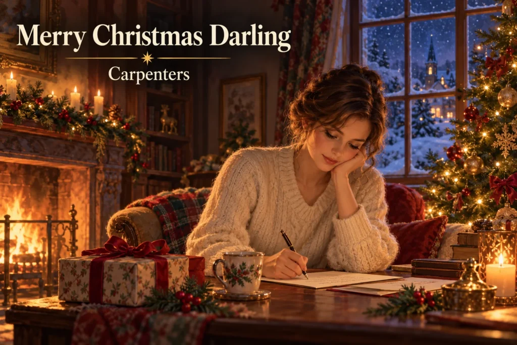 Merry Christmas Darling – woman writes a heartfelt letter beside a glowing Christmas tree.