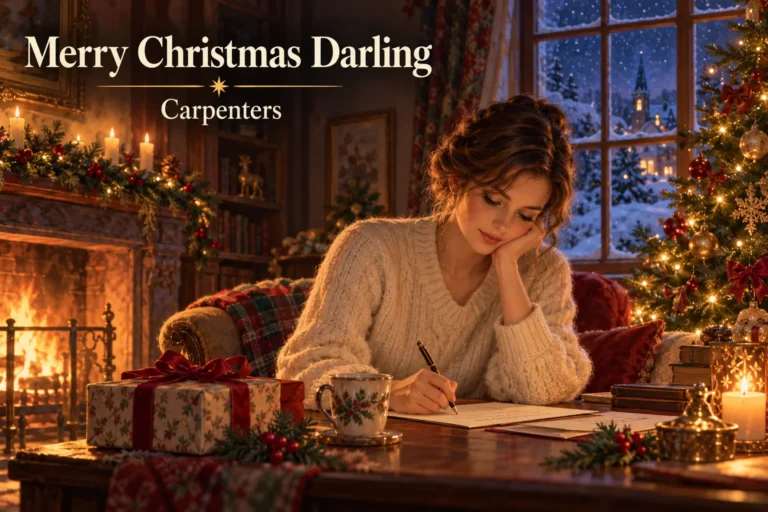 Merry Christmas Darling – woman writes a heartfelt letter beside a glowing Christmas tree.