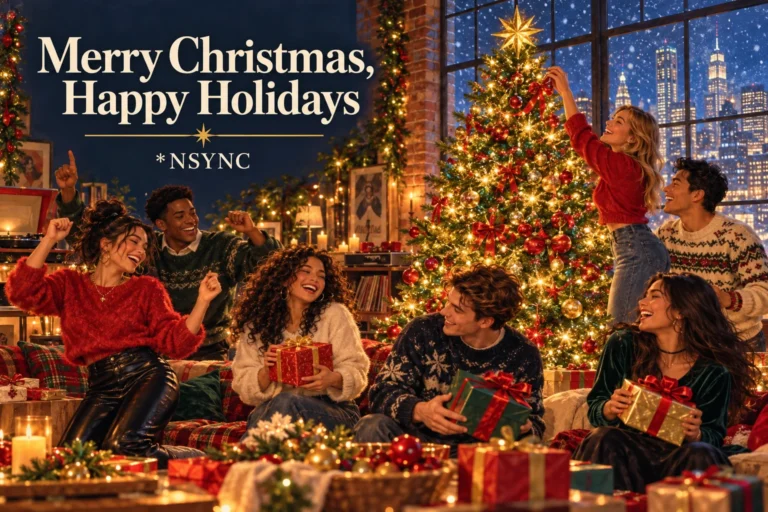 Merry Christmas, Happy Holidays – friends celebrate with gifts beside a glowing city Christmas tree.