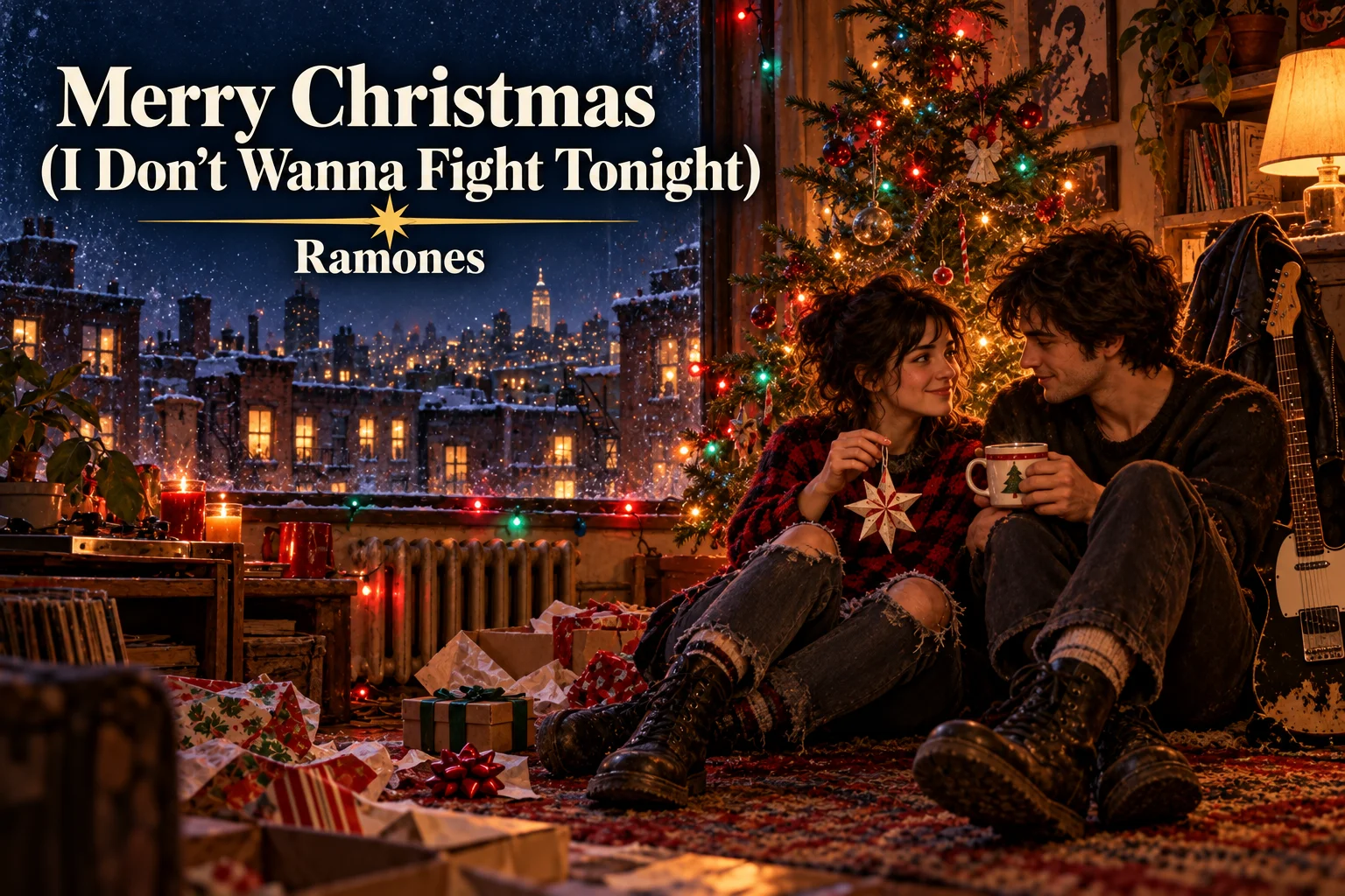 Merry Christmas (I Don’t Wanna Fight Tonight) – young couple reconciles beside a glowing Christmas tree.