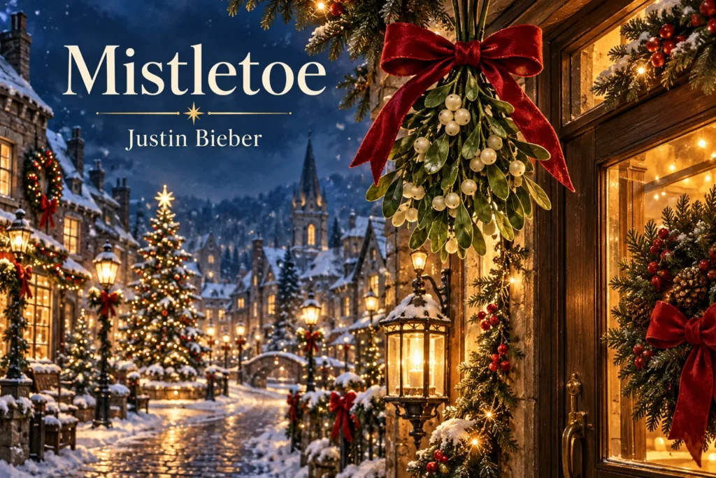 Mistletoe – festive doorway with red ribbon, snowy street, lanterns, and glowing Christmas tree.