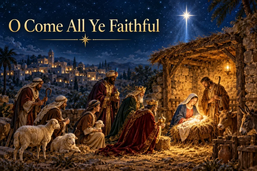 O Come All Ye Faithful – candlelit worshippers approach a glowing church on Christmas Eve.