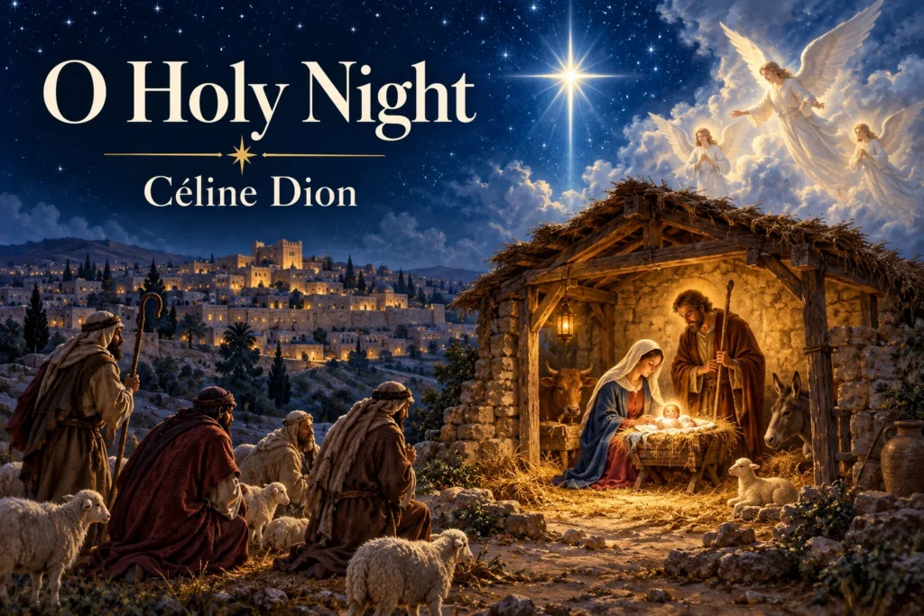 O Holy Night – angels and shepherds honor Jesus beneath the radiant Star of Bethlehem.