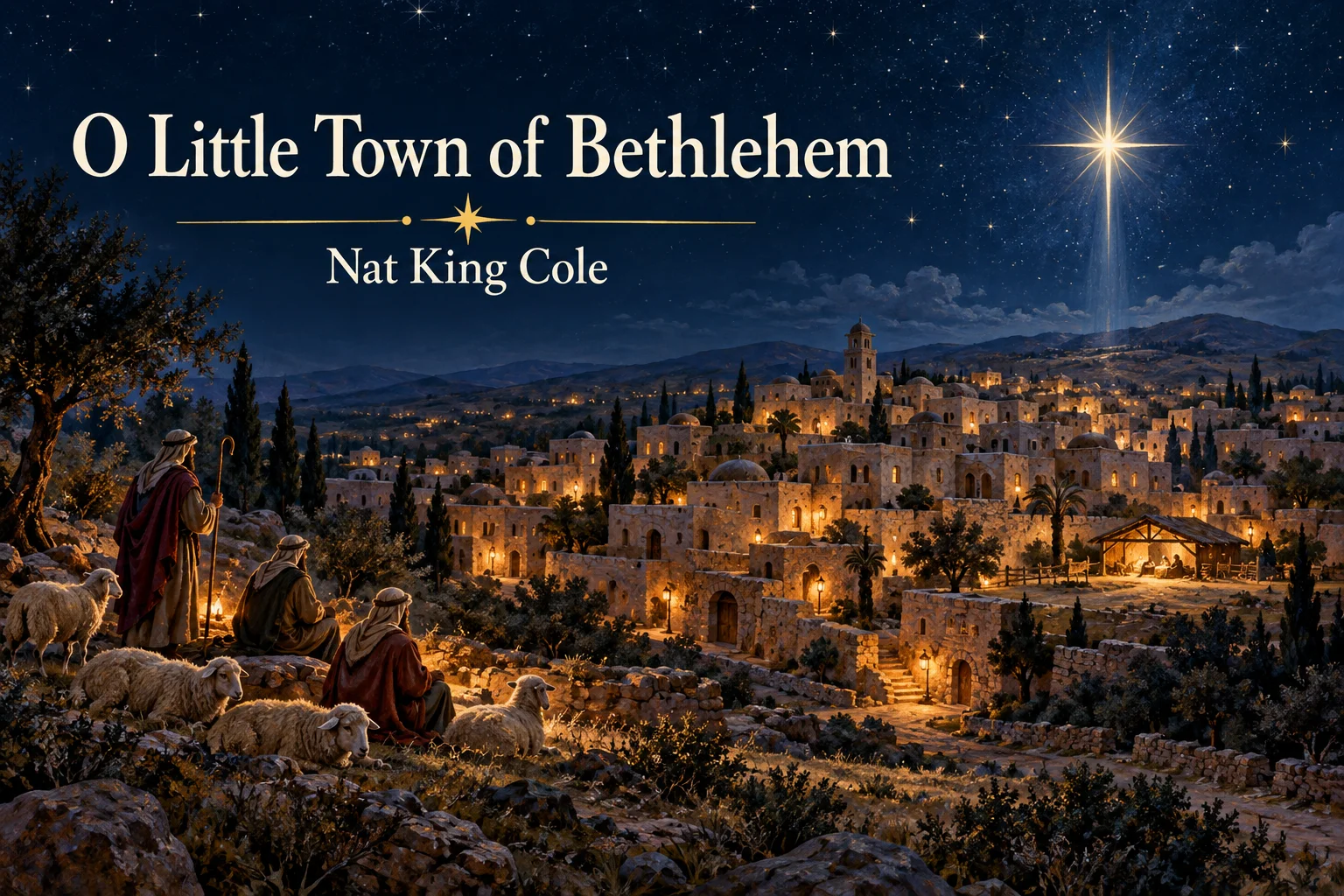 O Little Town of Bethlehem – shepherds overlook the lantern-lit town beneath a guiding star.