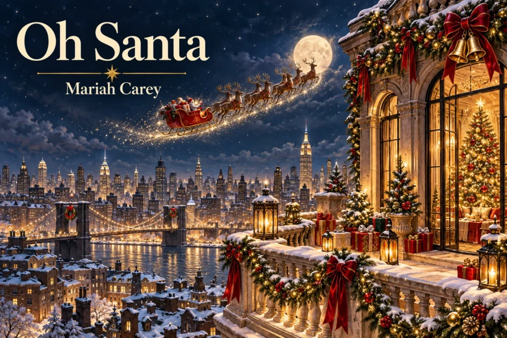 Oh Santa – Santa’s sleigh approaches a festive rooftop above a snowy city skyline.