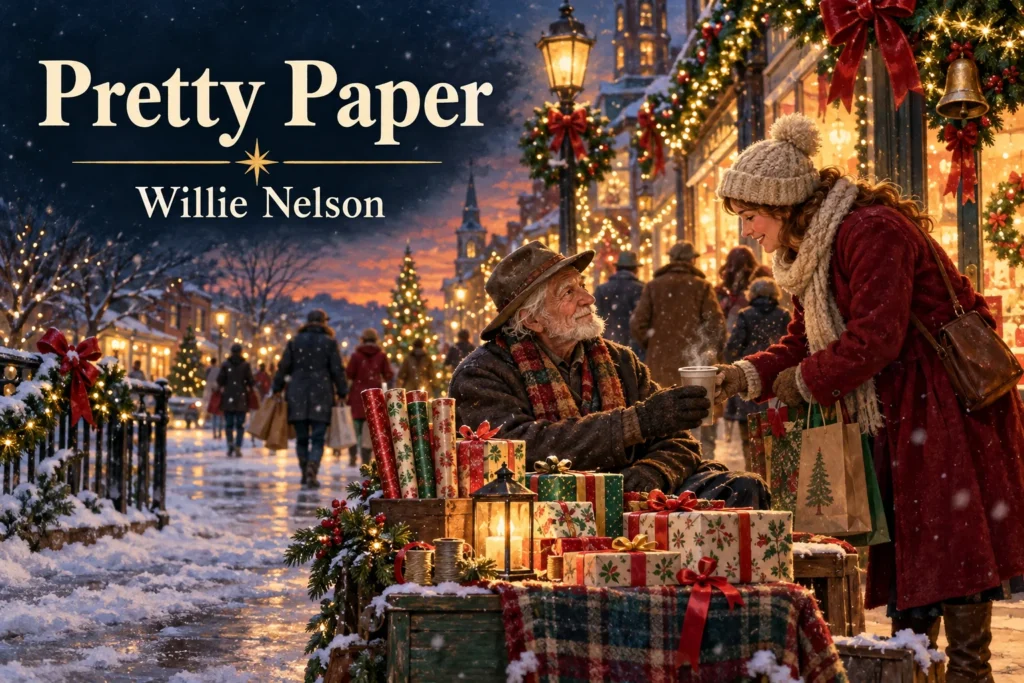 Pretty Paper – kind shopper offers a warm drink to a Christmas wrapping-paper vendor.