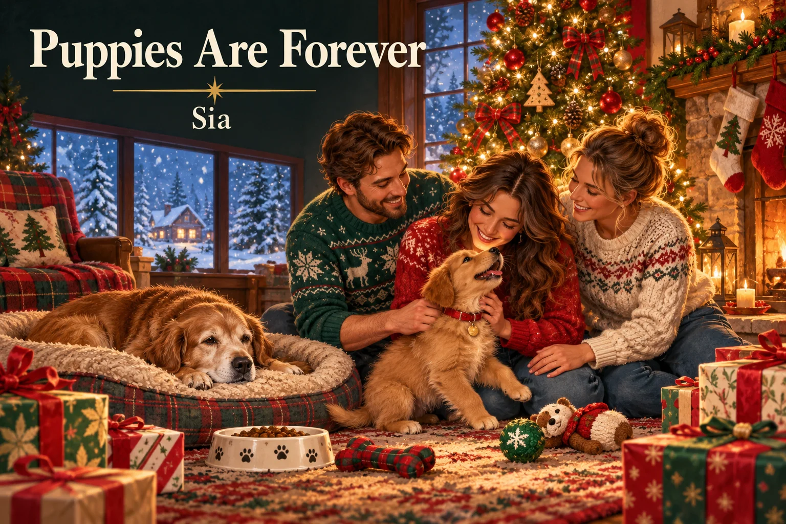 Puppies Are Forever – family welcomes a puppy while their older dog rests nearby.