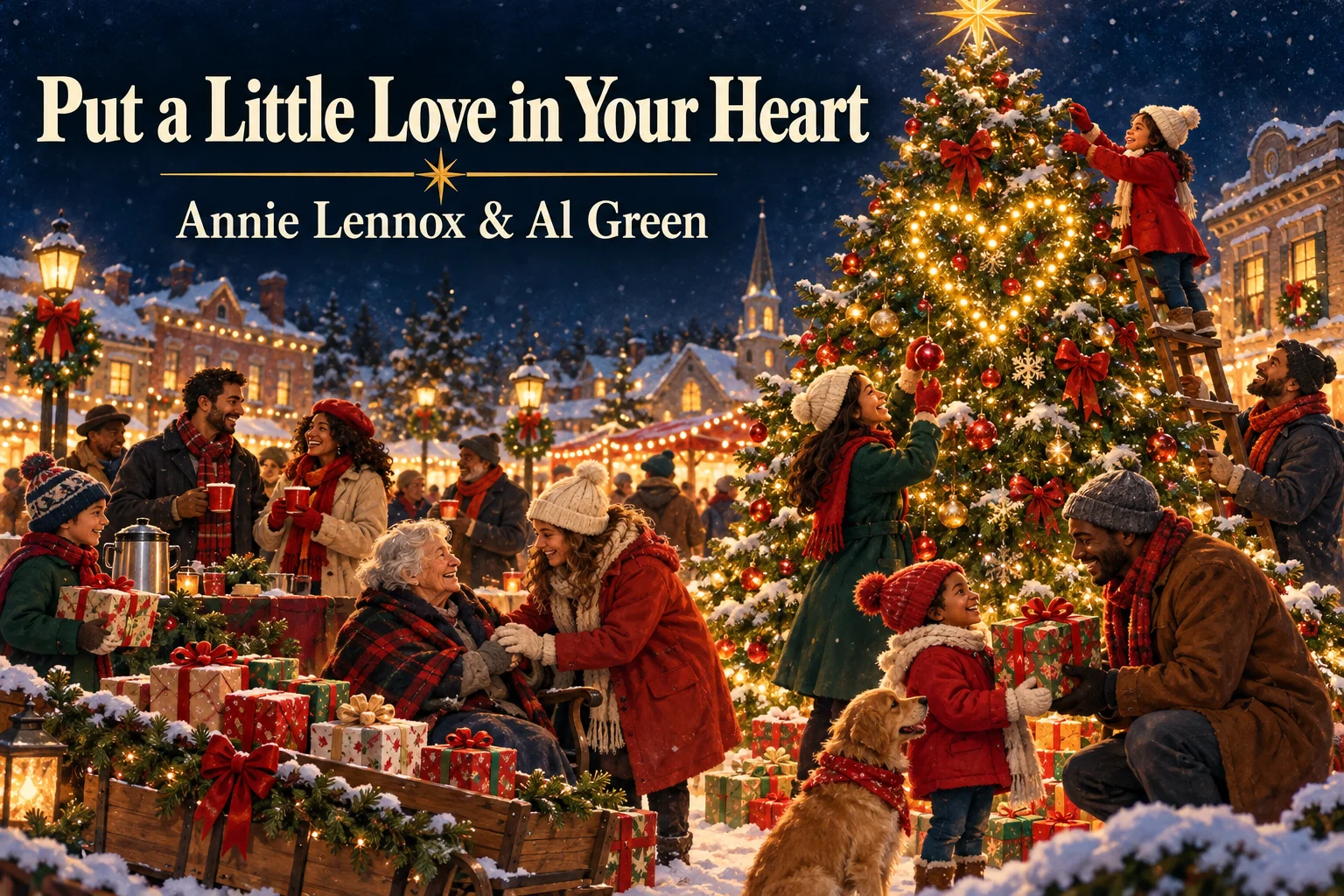 Put a Little Love in Your Heart – neighbors share gifts around a glowing Christmas tree.
