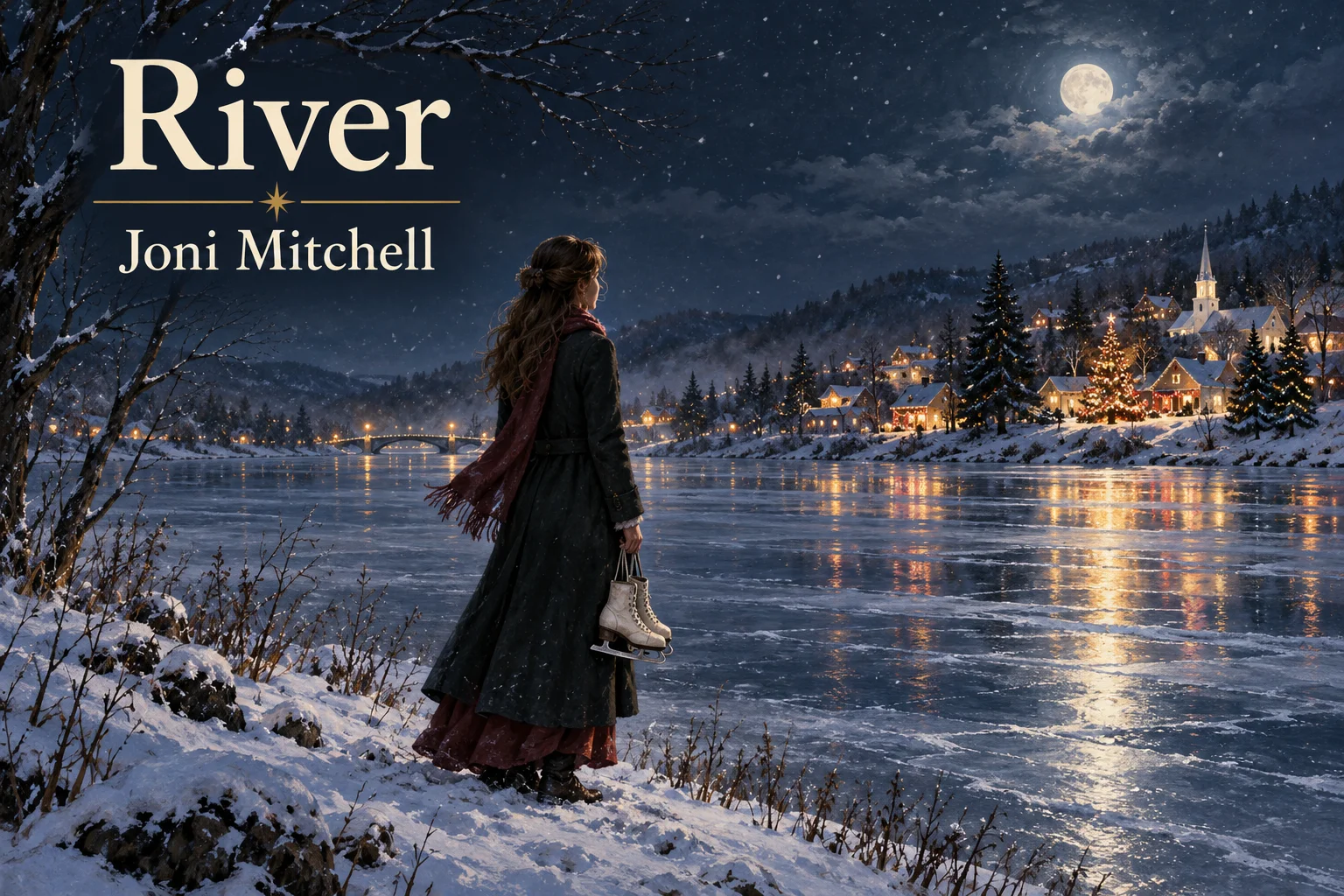 River – woman holds ice skates beside a frozen river overlooking distant Christmas lights.