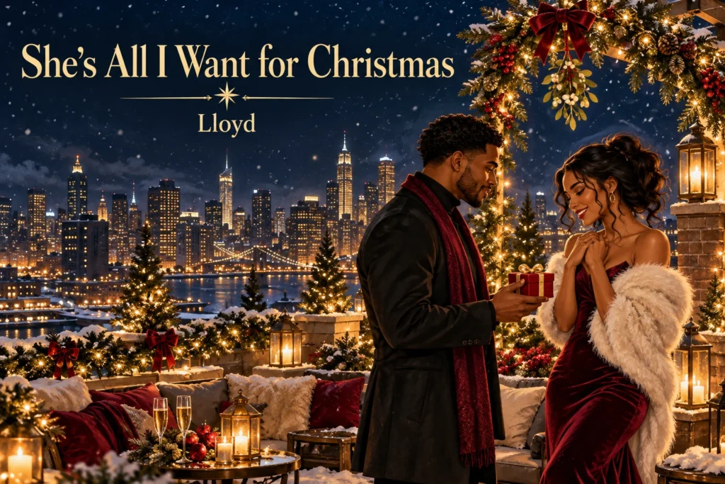 She’s All I Want for Christmas: a man gives his sweetheart a gift beneath mistletoe.