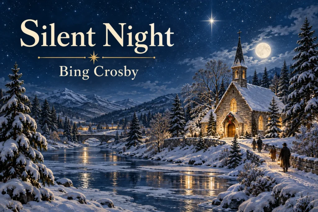 Silent Night – a candlelit chapel glows beside a frozen river under a brilliant Christmas star.
