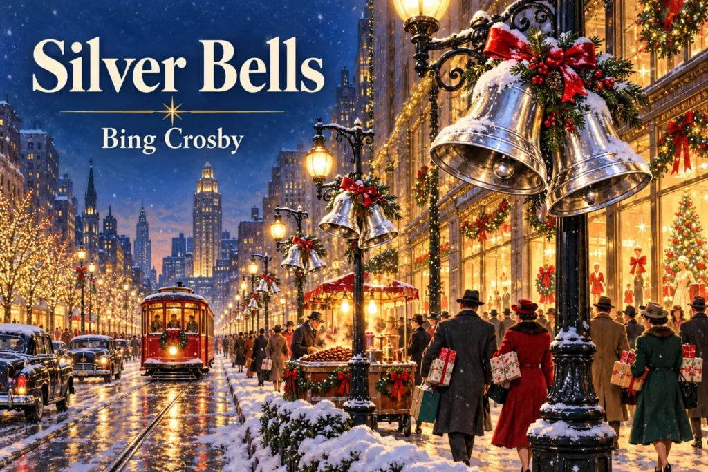 Silver Bells – gleaming bells decorate a snowy city avenue filled with Christmas shoppers and lights.