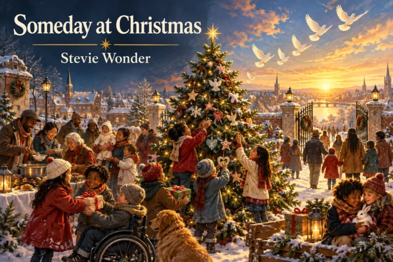 Someday at Christmas – families share gifts and decorate a community tree beneath peaceful white doves.