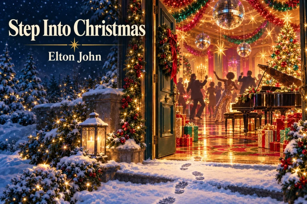 Step Into Christmas – snowy footprints lead into a glamorous festive party with lights and piano.