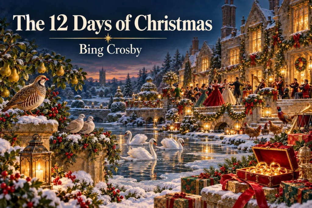 The 12 Days of Christmas – birds, golden rings, musicians, and dancers surround a snowy manor.