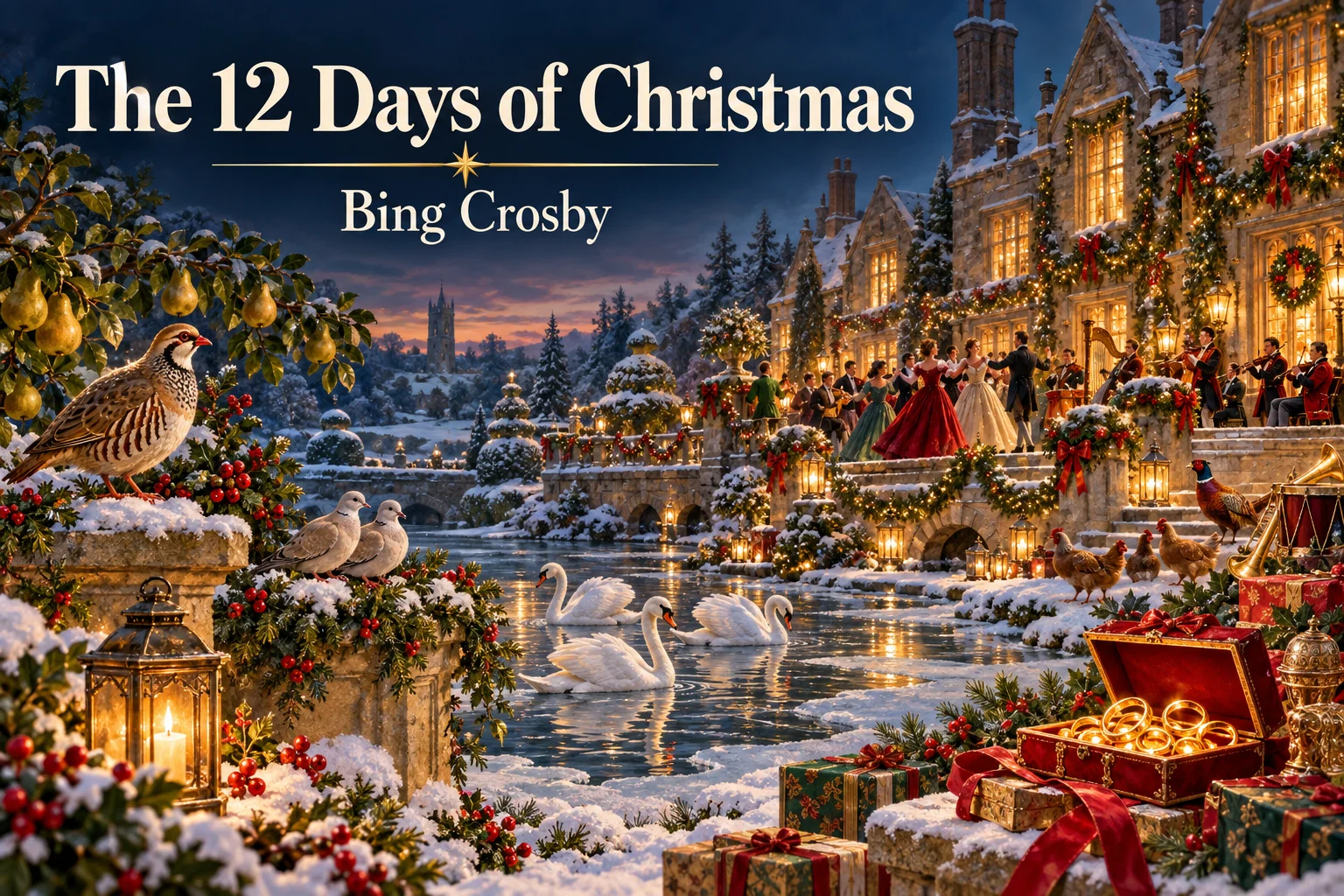 The 12 Days of Christmas – birds, golden rings, musicians, and dancers surround a snowy manor.