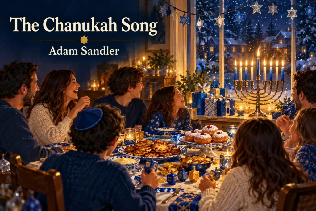 The Chanukah Song – friends celebrate with a glowing menorah, dreidels, latkes, and festive blue decorations.