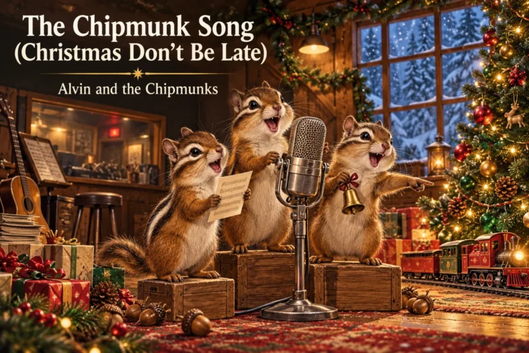 The Chipmunk Song – three cheerful chipmunks sing beside a microphone, Christmas tree, and toy train.