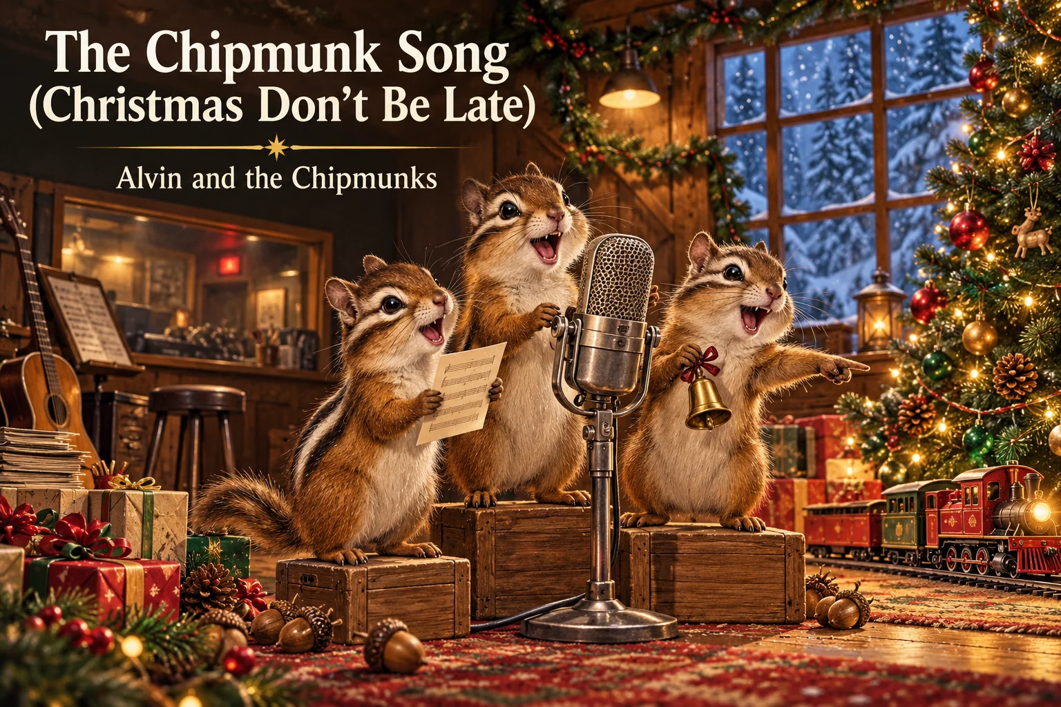 The Chipmunk Song – three cheerful chipmunks sing beside a microphone, Christmas tree, and toy train.