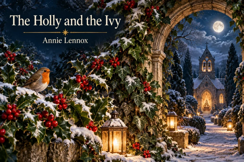 The Holly and the Ivy – holly, ivy, and a robin frame a snowy candlelit chapel.