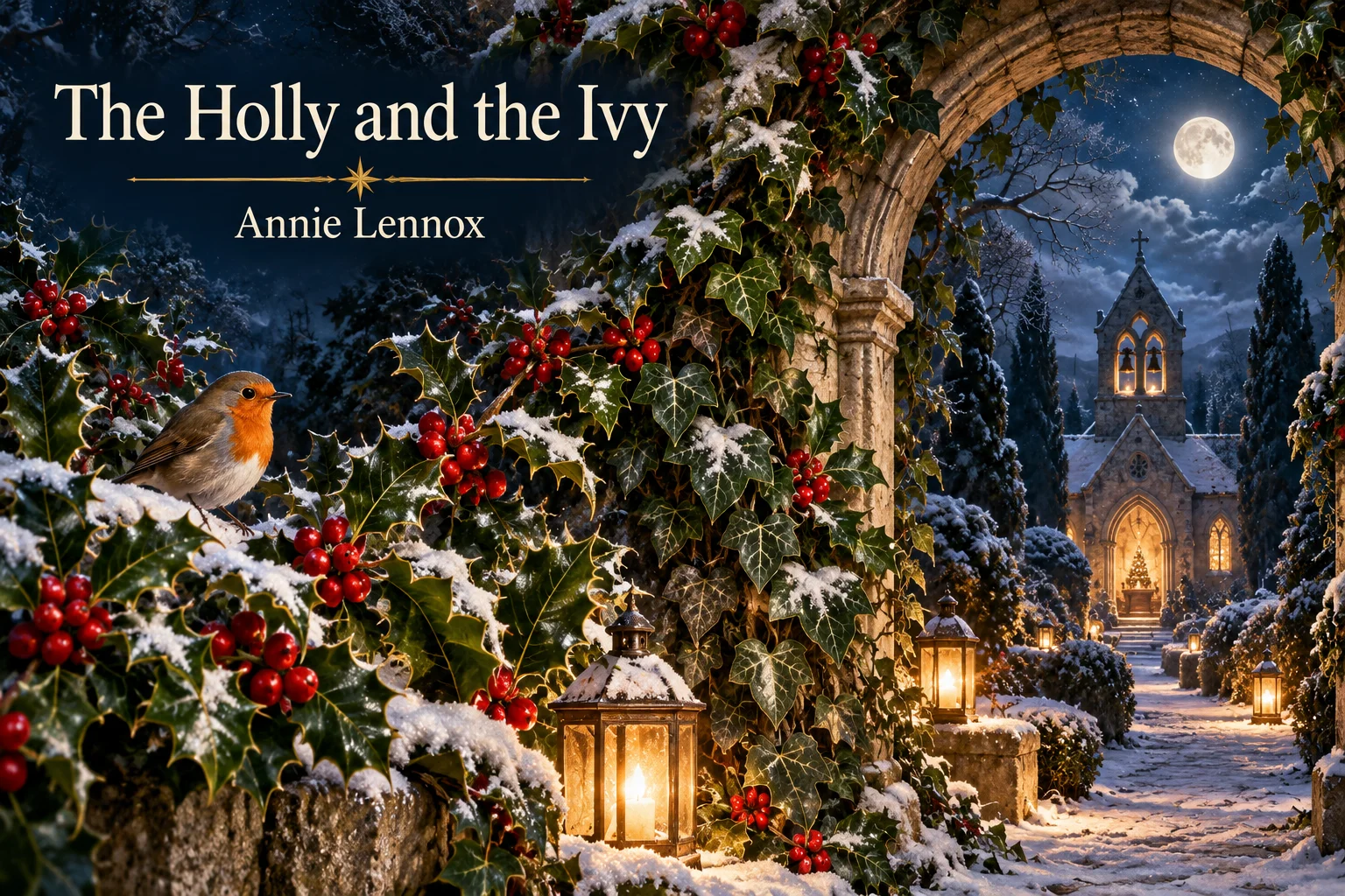 The Holly and the Ivy – holly, ivy, and a robin frame a snowy candlelit chapel.