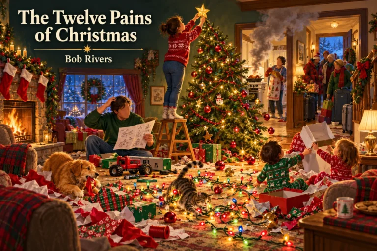 The Twelve Pains of Christmas – tangled lights, burnt dinner, and unexpected guests create festive chaos.