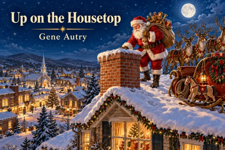Up on the Housetop – Santa approaches a snowy chimney while reindeer wait beside his sleigh