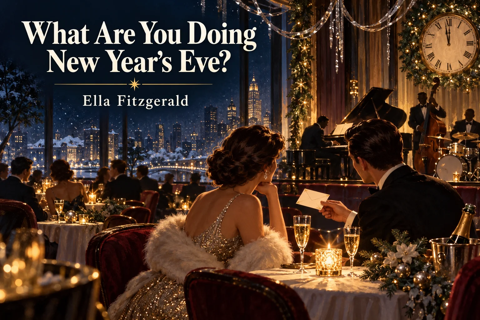 What Are You Doing New Year’s Eve? – romantic invitation shared in an elegant jazz lounge.