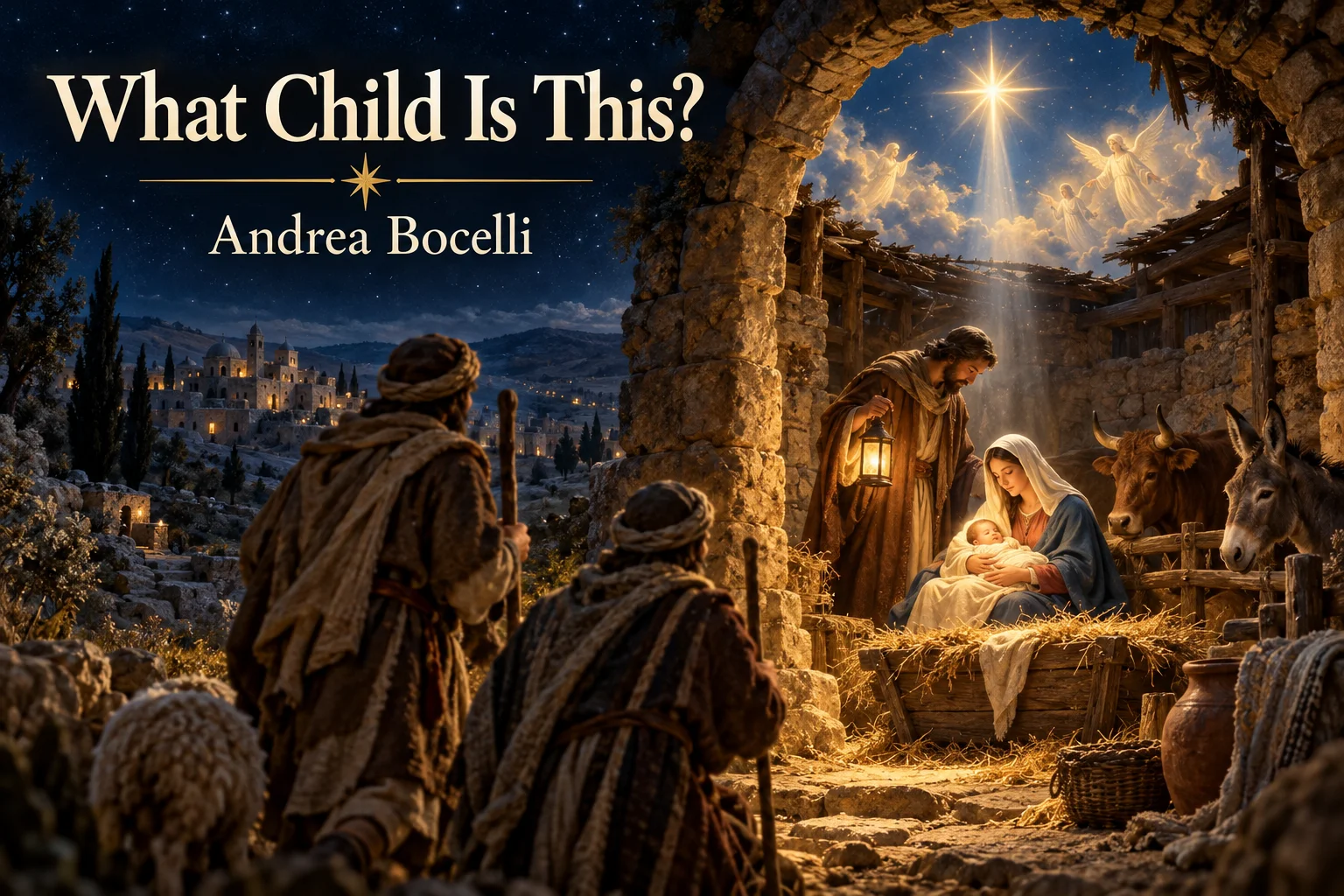 What Child Is This? – shepherds approach Mary, Joseph, and Jesus beneath the radiant Bethlehem star.