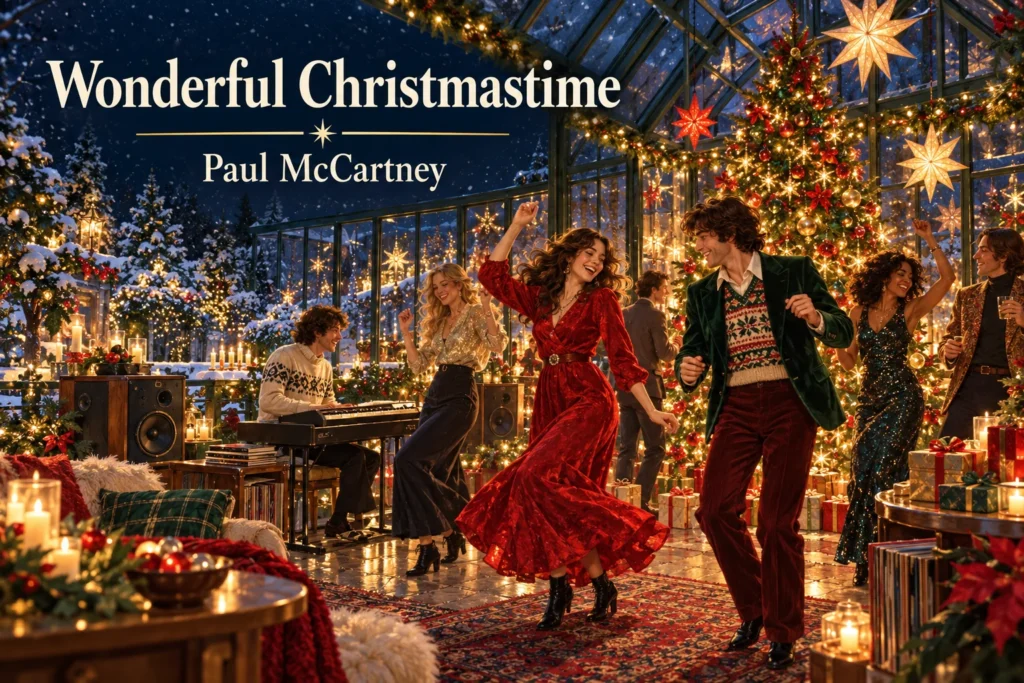 Wonderful Christmastime – friends dance beside a glowing Christmas tree in a snow-covered glass conservatory.