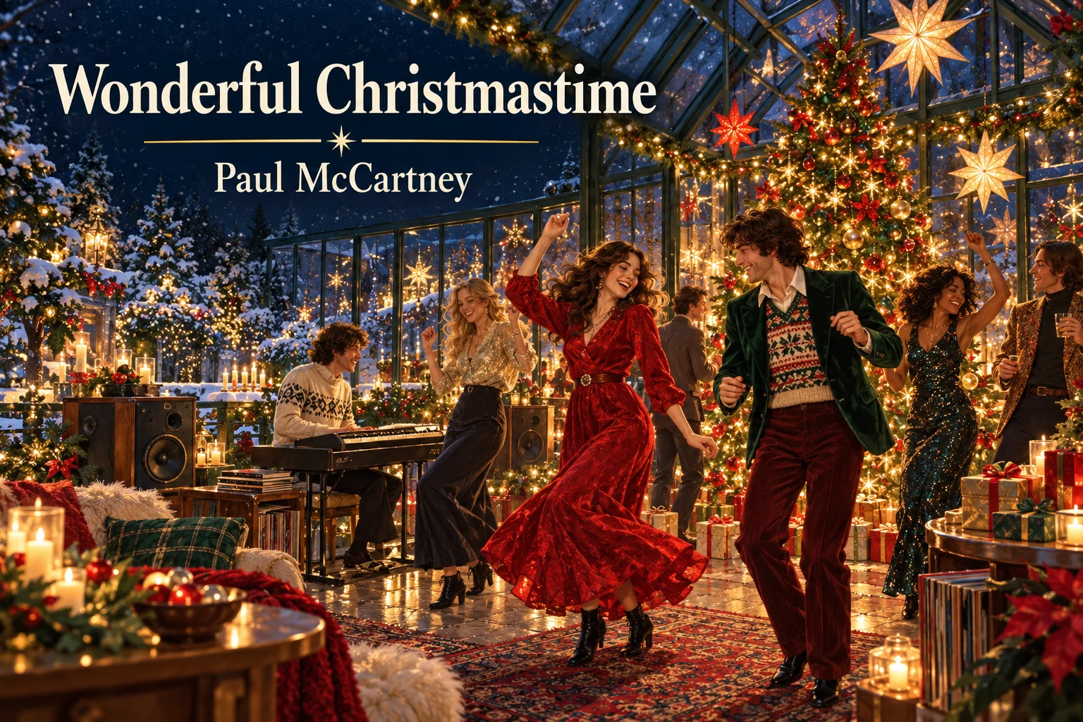 Wonderful Christmastime – friends dance beside a glowing Christmas tree in a snow-covered glass conservatory.