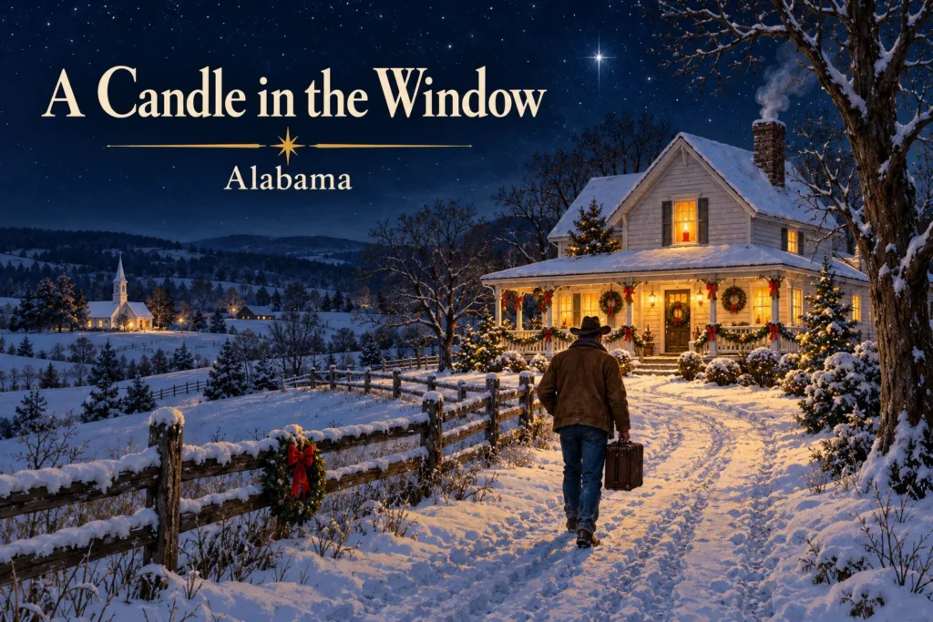 A Candle in the Window – traveler returns to a warmly lit Christmas farmhouse.