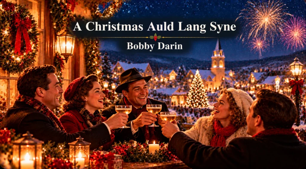 A Christmas Auld Lang Syne – friends toast together beneath festive fireworks on a snowy Christmas night.