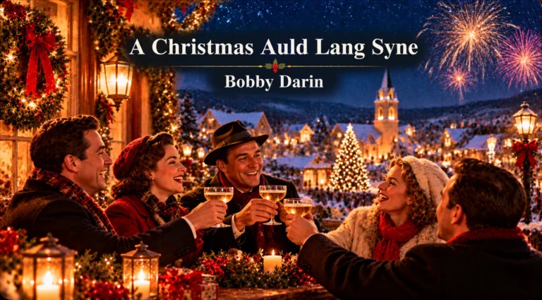 A Christmas Auld Lang Syne – friends toast together beneath festive fireworks on a snowy Christmas night.