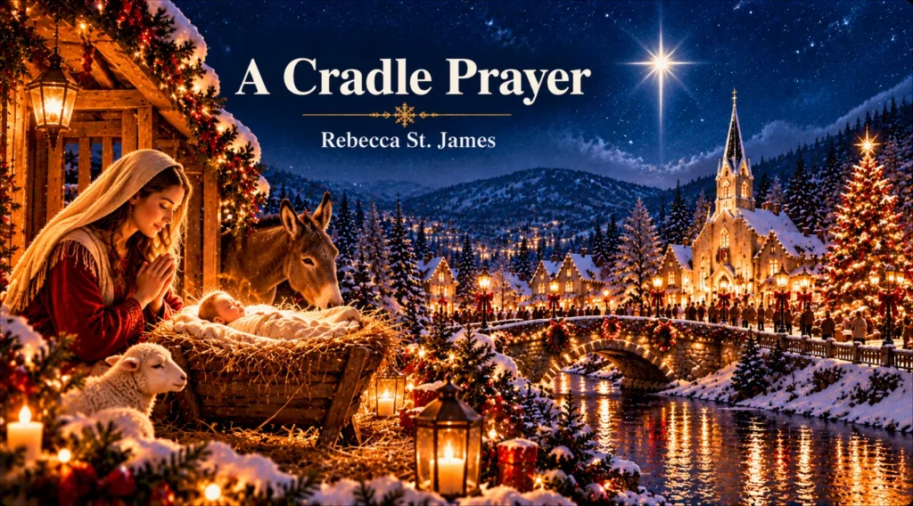 A Cradle Prayer – peaceful nativity scene beneath a radiant star in a snowy Christmas village.