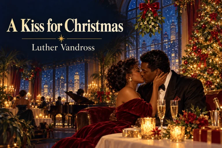 A Kiss for Christmas – elegant couple kisses beneath mistletoe beside a glowing Christmas tree.