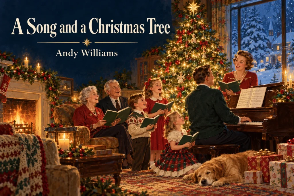 A Song and a Christmas Tree – family sings beside a glowing tree and piano.