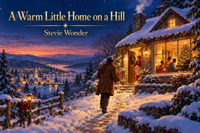 A Warm Little Home on a Hill: a traveler approaches a glowing hillside Christmas cottage.