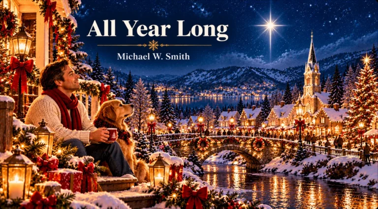 All Year Long – man and dog enjoy a glowing Christmas village beside the river.