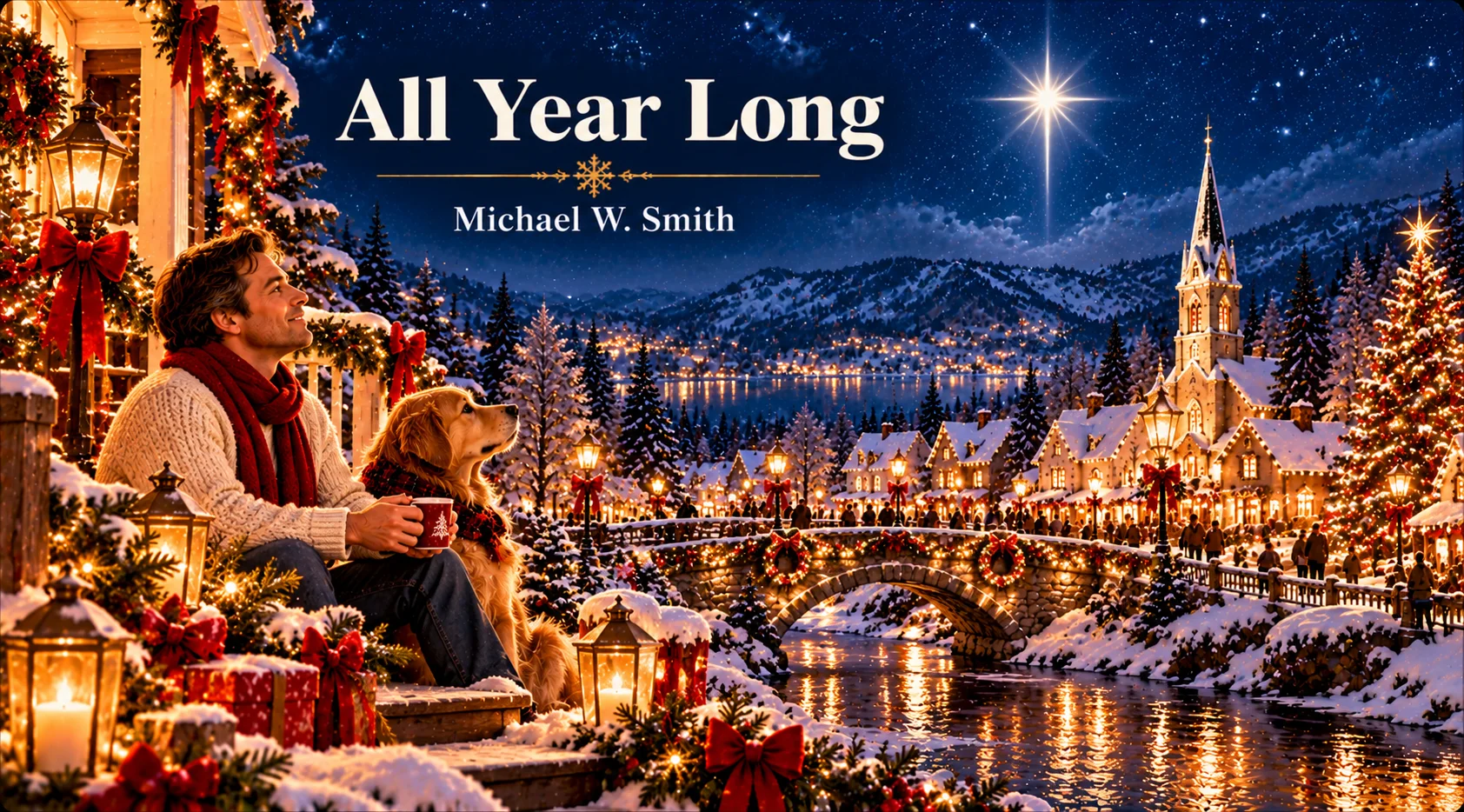 All Year Long – man and dog enjoy a glowing Christmas village beside the river.