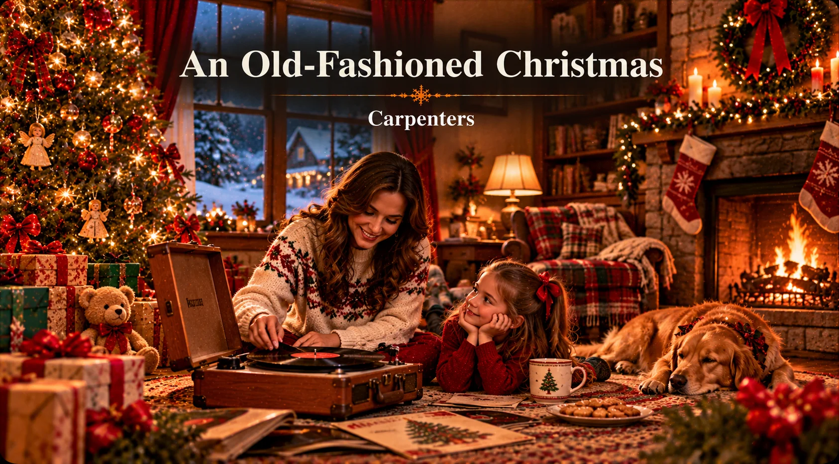 An Old-Fashioned Christmas – family enjoys vintage records beside a glowing tree and cozy fireplace.
