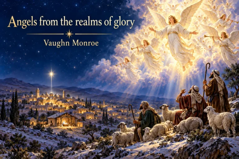 Angels from the realms of glory appear above shepherds and sheep near Bethlehem.