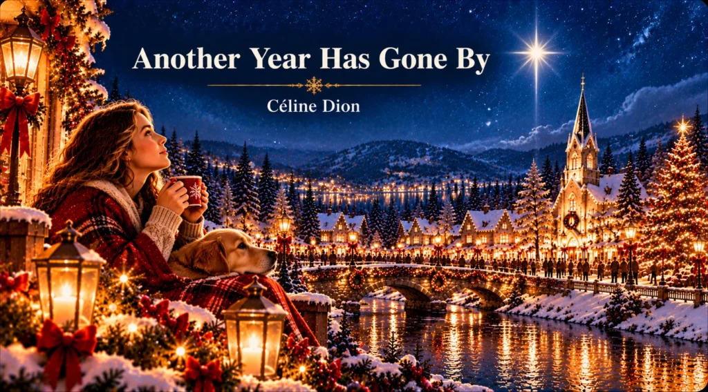 Another Year Has Gone By – woman reflects beside a glowing snowy Christmas village.