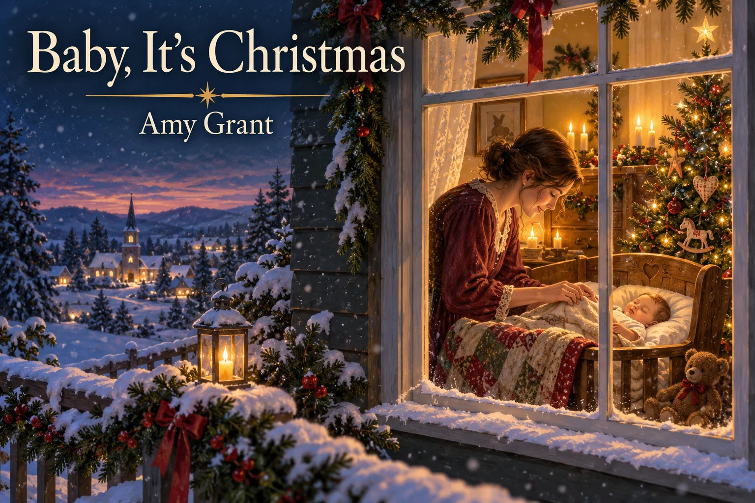 Baby, It’s Christmas: mother watches her sleeping child beside a glowing Christmas tree.