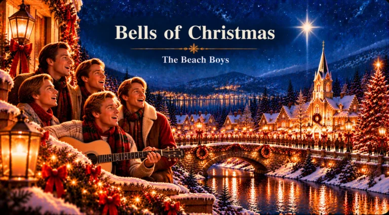 Bells of Christmas – cheerful singers perform beside a glowing snowy Christmas village.