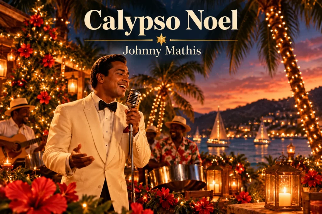 Calypso Noel – Johnny Mathis performs Christmas music beside a tropical holiday beach.