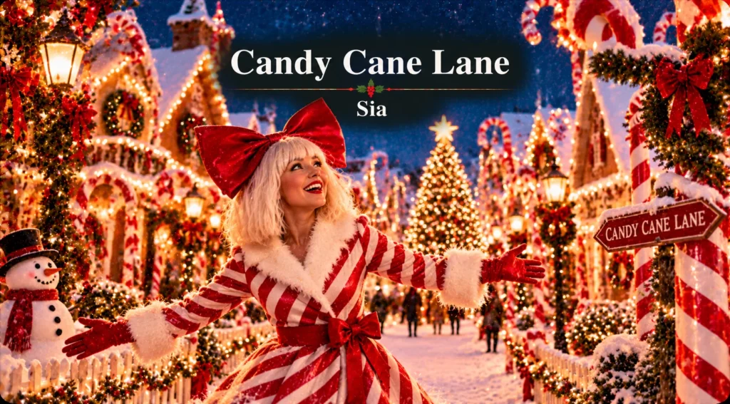 Candy Cane Lane – woman celebrates among candy canes and glowing decorations on a snowy Christmas street.