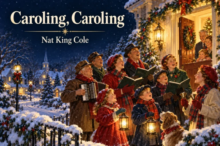 Caroling, Caroling – festive singers perform with lanterns and handbells outside a snowy home.