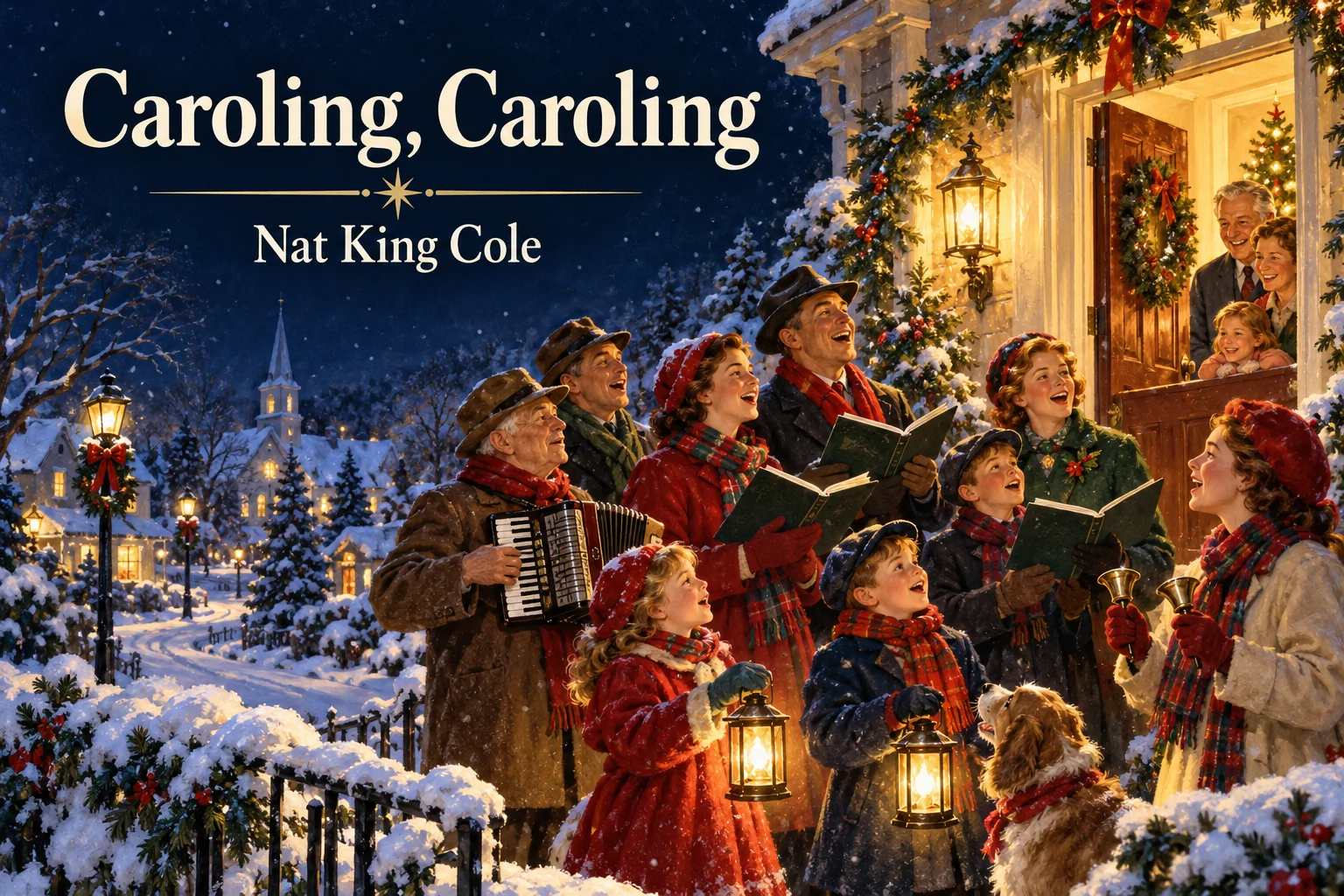 Caroling, Caroling – festive singers perform with lanterns and handbells outside a snowy home.
